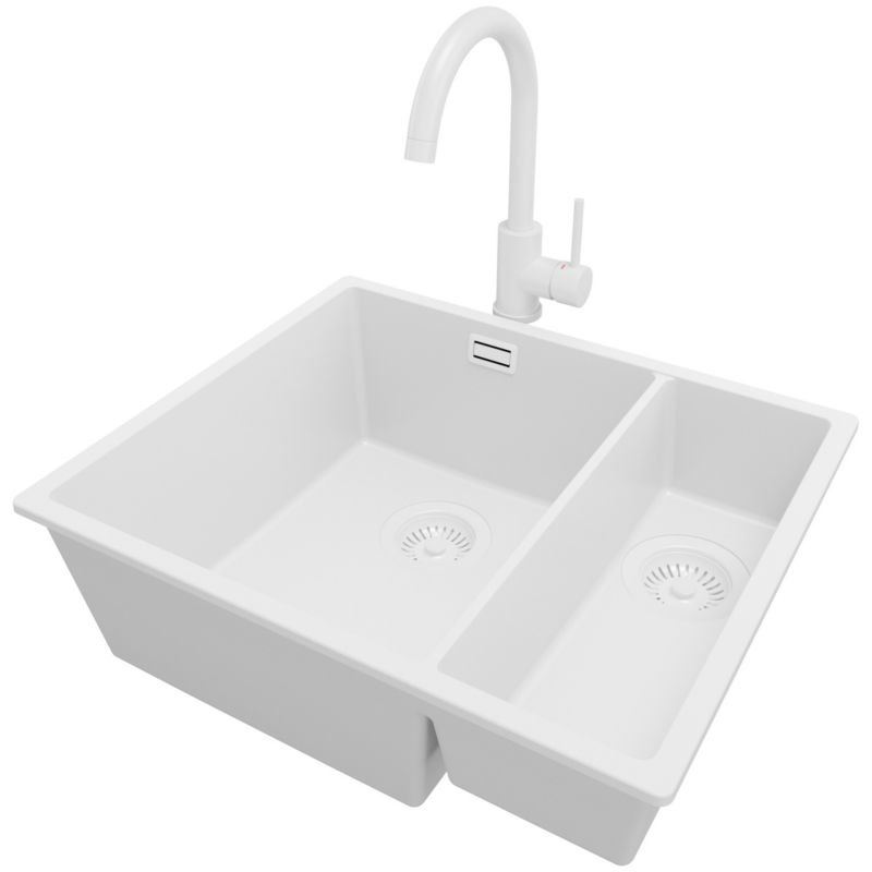 Zlewozmywak Granitowy Londyn Slim Duo PRIMAGRAN Nablatowy 56x47cm do szafki od 60cm, Cały Biały + Bateria + Syfon, S014, 1 szt.