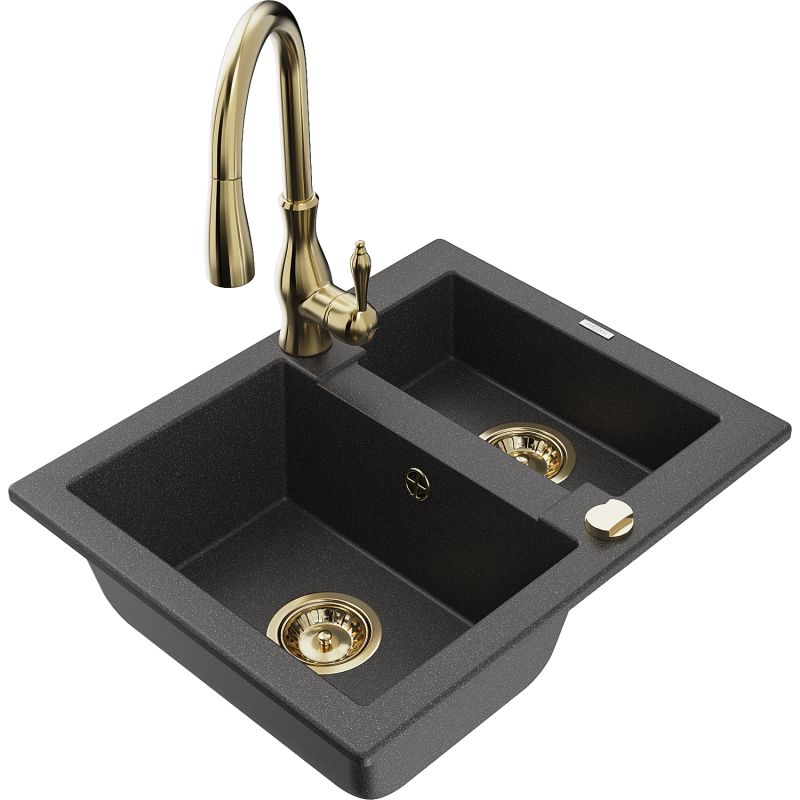 Zlewozmywak granitowy 1.5-komorowy Mexen Carlos z baterią kuchenną Savita czarny nakrapiany 6518-76-672601-50