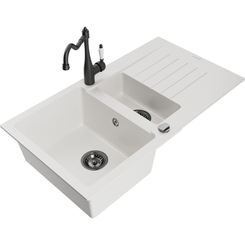 Zlewozmywak granitowy 1.5-komorowy Mexen Matias z ociekaczem i baterią kuchenną Carla czarny - 6502-77-670700-70-B 1 szt.