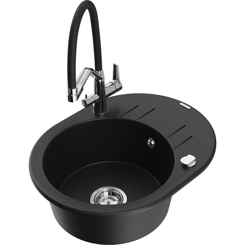 Zlewozmywak granitowy 1-komorowy Mexen Kevin z baterią kuchenną Duo czarny/srebrny metalik - 6517-73-671701-07-B 1 szt.