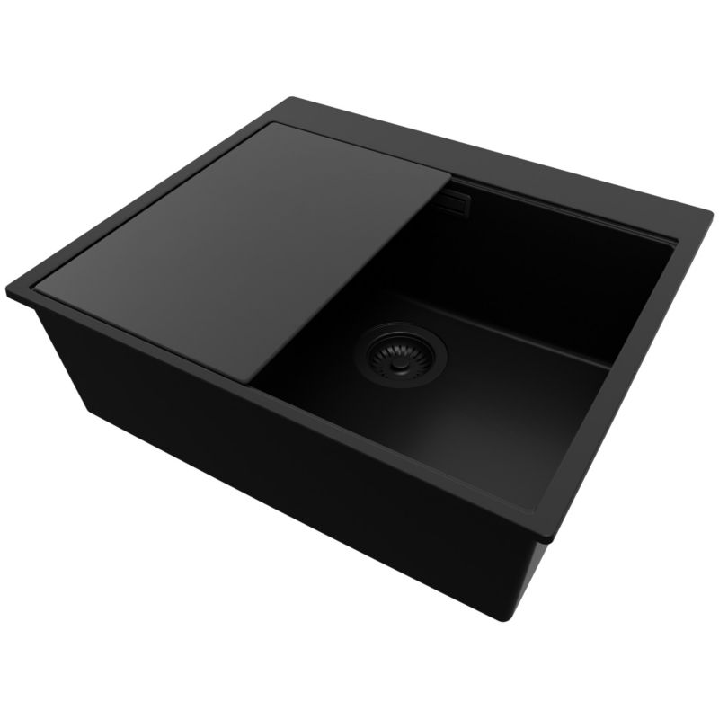 Zlewozmywak Oslo PRIMAGRAN Nablatowy 58x50cm do szafki od 60cm, Cały Czarny + Syfon + Deska, S437, 1 szt.