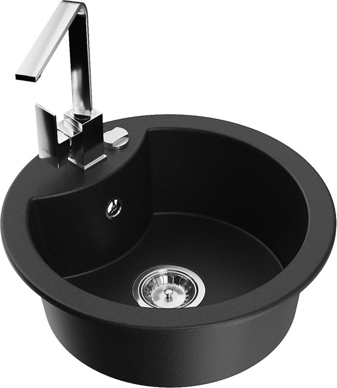 Zlewozmywak granitowy Mexen Diego 1-komorowy z baterią kuchenną Rita czarny 6512-77-670300-00