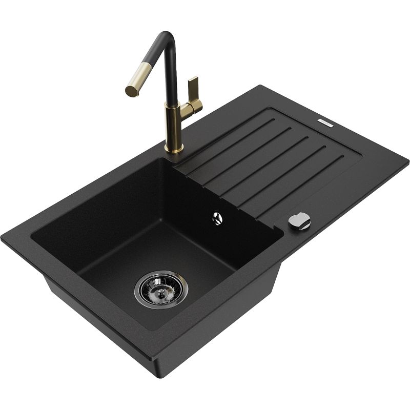 Zlewozmywak granitowy 1-komorowy Mexen Pablo z ociekaczem i baterią kuchenną Flora czarny 6510-77-670401-57-B