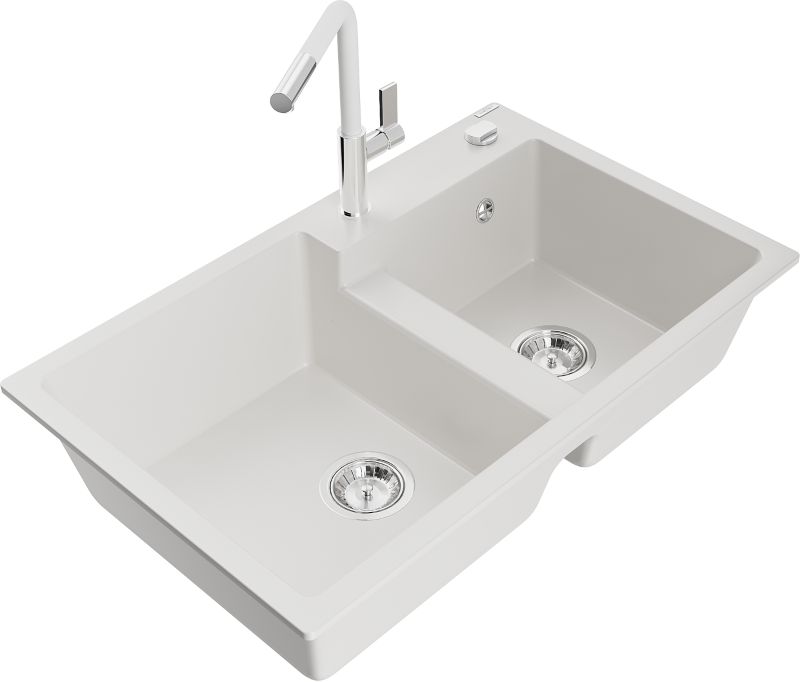 Zlewozmywak granitowy Mexen Tomas 2-komorowy z baterią kuchenną Flora biały - 6516-20-670401-06 1 szt.