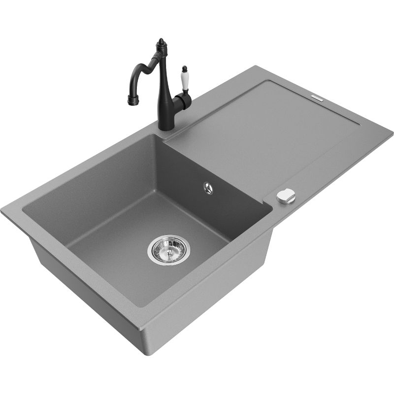 Zlewozmywak granitowy 1-komorowy Mexen Leo z ociekaczem i baterią kuchenną Carla szary 6501-71-670700-70
