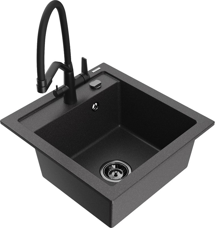Zlewozmywak granitowy Mexen Vito 1-komorowy z baterią kuchenną Duo czarny 6503-76-671701-70-B
