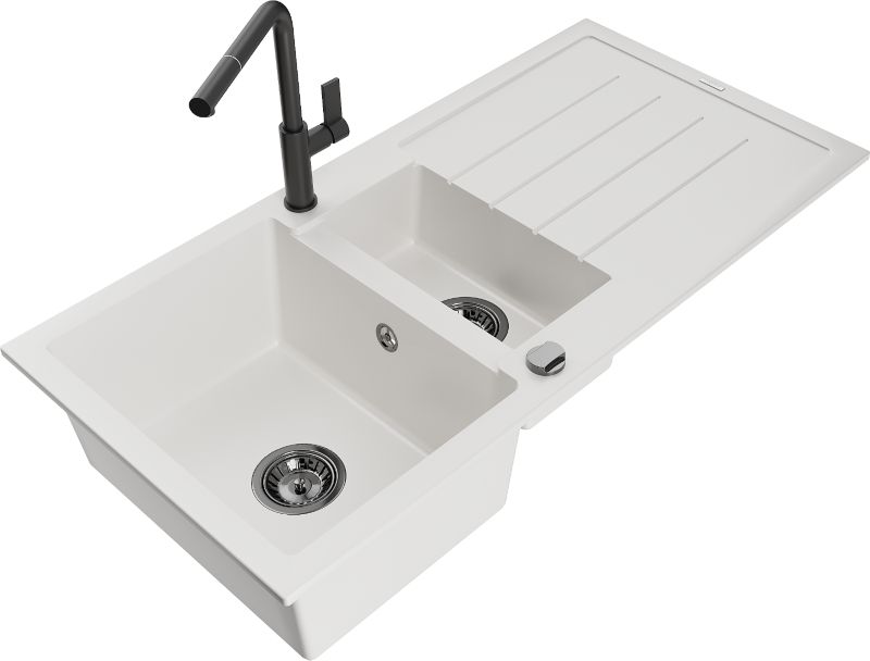 Zlewozmywak granitowy Mexen Andres 1,5-komorowy z ociekaczem i baterią kuchenną Rita beżowy - 6515-69-670300-50 1 szt.