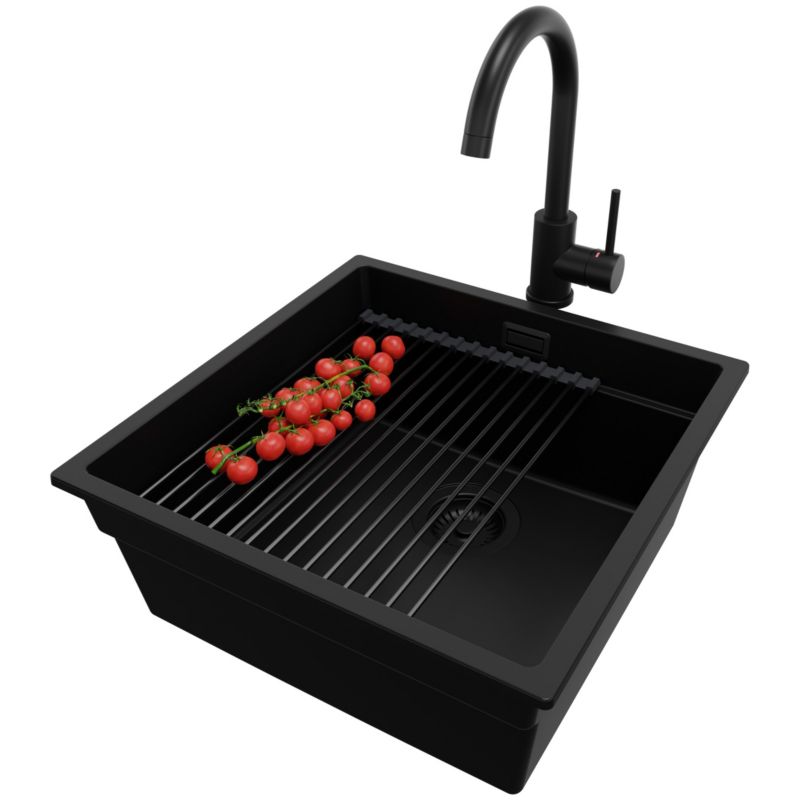 Zlewozmywak Granitowy Praga Slim PRIMAGRAN Nablatowy 46x47cm, Cały Czarny + Bateria + Syfon + Akcesorium, S208, 1 szt.