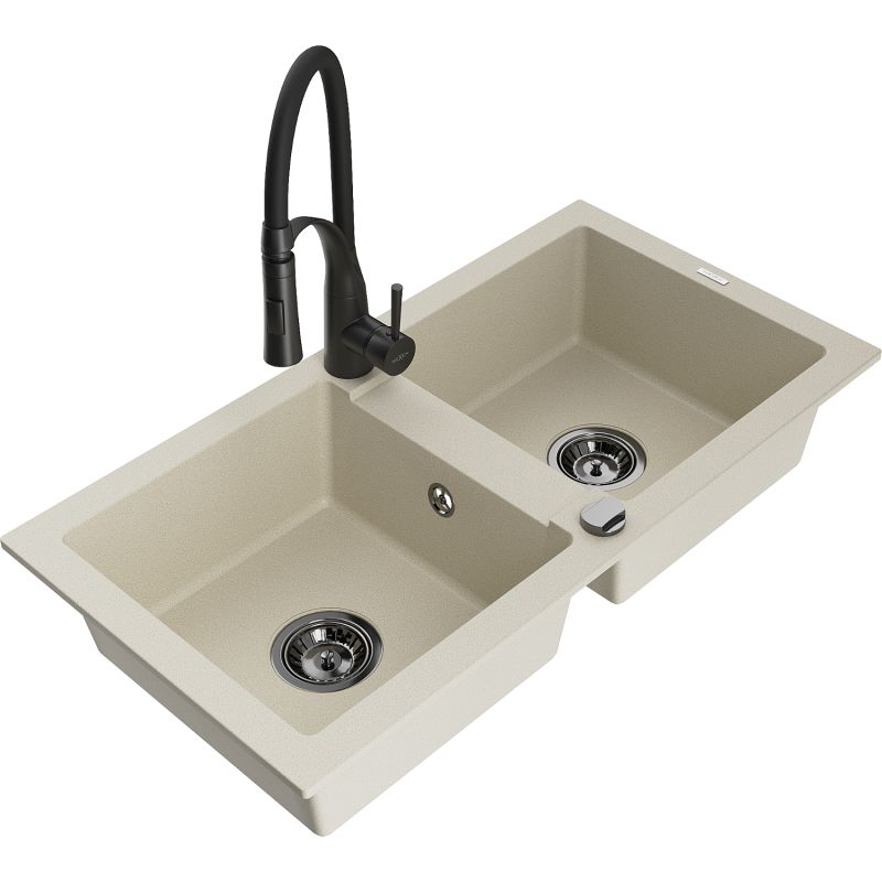 Zlewozmywak granitowy 2-komorowy Mexen Mario z baterią kuchenną Aster biały - 6504-20-73450-07 1 szt.