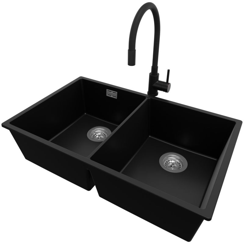 Zlewozmywak Granitowy Londyn Slim Twin PRIMAGRAN Nablatowy 76x47cm do szafki od 80cm, Czarny + Bateria + Syfon, S027, 1 szt.