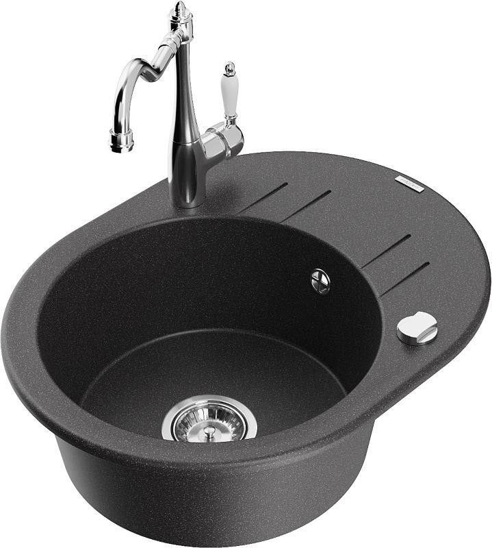 Zlewozmywak granitowy Mexen Kevin 1-komorowy z ociekaczem i baterią kuchenną Carla czarny 6517-76-670700-00