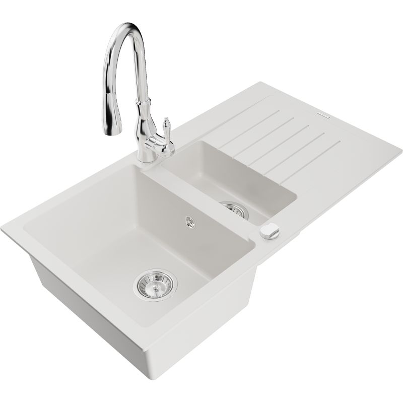 Zlewozmywak granitowy 1.5-komorowy Mexen Matias z ociekaczem i baterią kuchenną Savita biały - 6502-20-672601-70 1 szt.