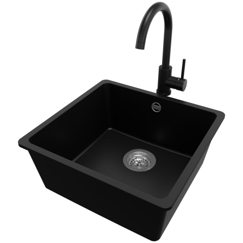 Zlewozmywak podblatowy Wenecja Easy PRIMAGRAN 46x44cm do szafki od 50cm, Czarny + Bateria 32x20cm + Syfon, S037, 1 szt.