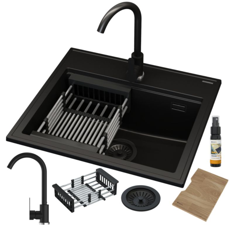 Zlewozmywak Granitowy Kuchenny Granitan Foxal Czarny z Syfonem Złotym, Baterią i Ociekarką 1kpl.