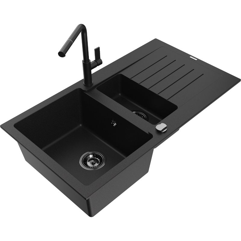 Zlewozmywak granitowy 1.5-komorowy Mexen Matias z ociekaczem i baterią kuchenną Flora czarny/srebrny - 6502-73-670401-70-B 1 szt.