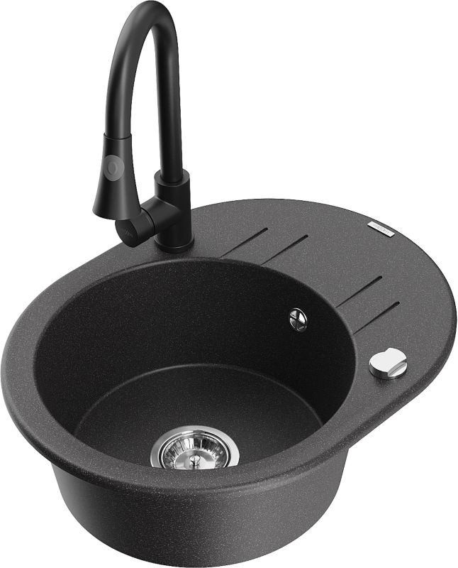 Zlewozmywak granitowy Mexen Kevin 1-komorowy z ociekaczem i baterią kuchenną Elia czarny 6517-76-670101-70