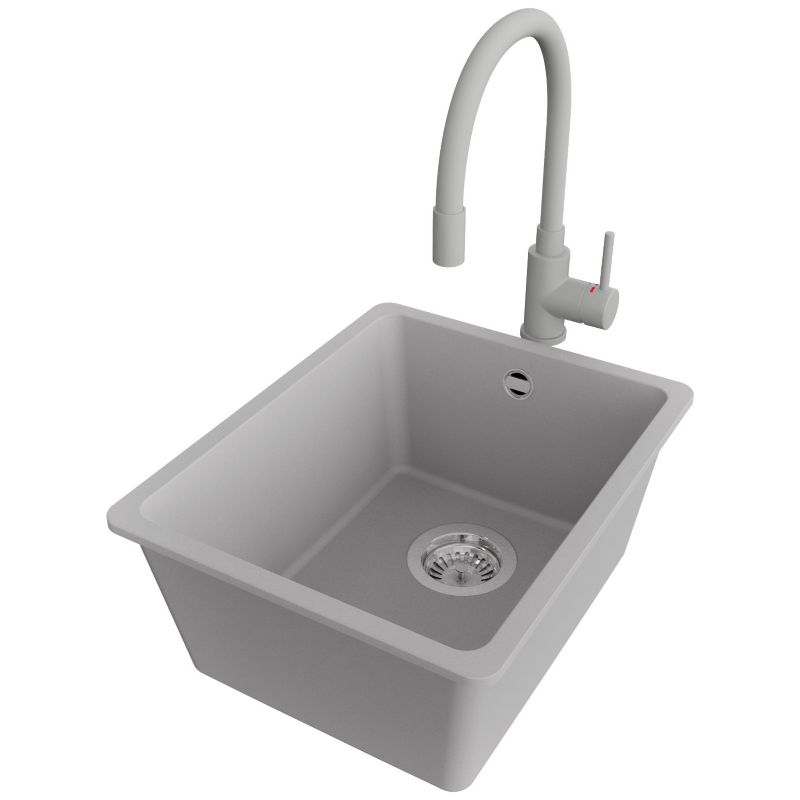 Zlewozmywak Granitowy Wenecja Slim Easy PRIMAGRAN Nablatowy 36x44cm do szafki od 40cm, Szary + Bateria + Syfon, S025, 1 szt.