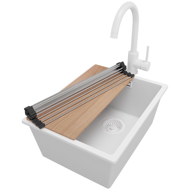 Zlewozmywak Granitowy Londyn Slim PRIMAGRAN Nablatowy 36x47cm do szafki od 40cm z Syfonem i Baterią i Dodatkiem Cały Biały 1 szt.