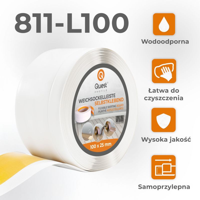 Listwa przypodłogowa PCV 100x25mm, QUEST, samoprzylepna elastyczna, miękka listwa podłogowa, cokołowa, biały, 15m