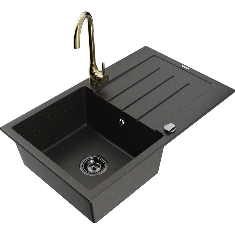 Zlewozmywak granitowy 1-komorowy Mexen Bruno z ociekaczem i baterią kuchenną Telma czarny/złoty 6513-75-670200-50-B