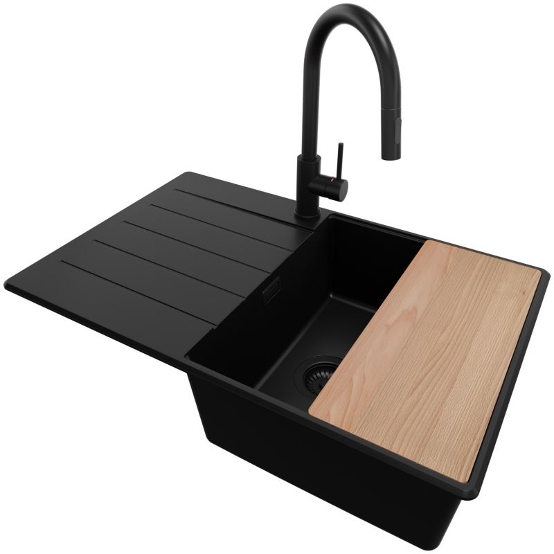 Zlewozmywak Granitowy Kopenhaga PRIMAGRAN Nablatowy 78x50cm, Cały Czarny + Bateria + Syfon + Akcesorium, S546, 1 szt.