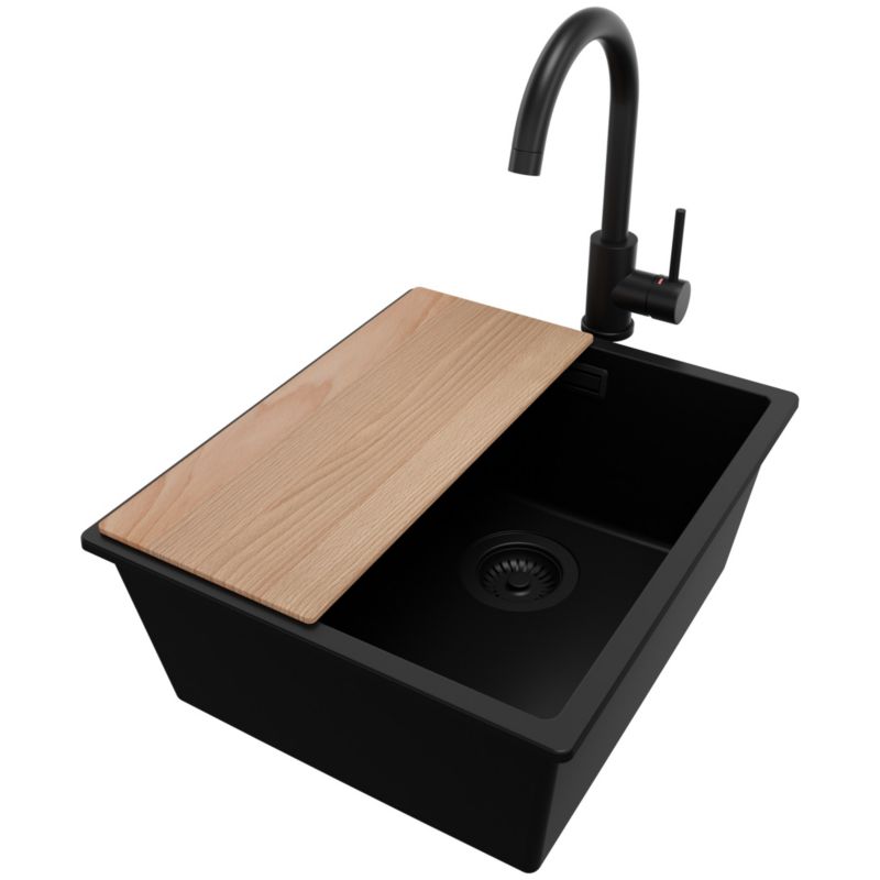 Zlewozmywak Granitowy Londyn Slim PRIMAGRAN Nablatowy 41x47cm do szafki od 45cm z Syfonem i Baterią i Dodatkiem Cały Czarny 1 szt.