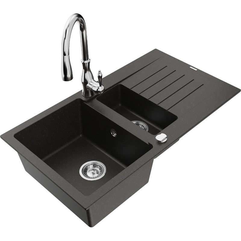 Zlewozmywak granitowy 1.5-komorowy Mexen Matias z ociekaczem i baterią kuchenną Savita czarny/złoty - 6502-75-672601-70-B 1 szt.