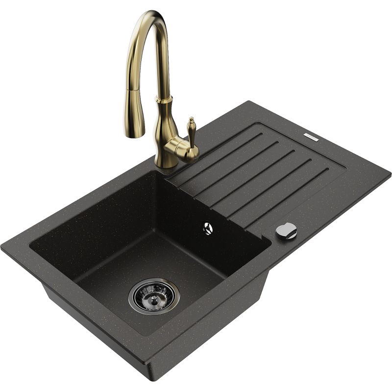 Zlewozmywak granitowy 1-komorowy Mexen Pablo z ociekaczem i baterią kuchenną Savita czarny/złoty metalik 6510-75-672601-50-B