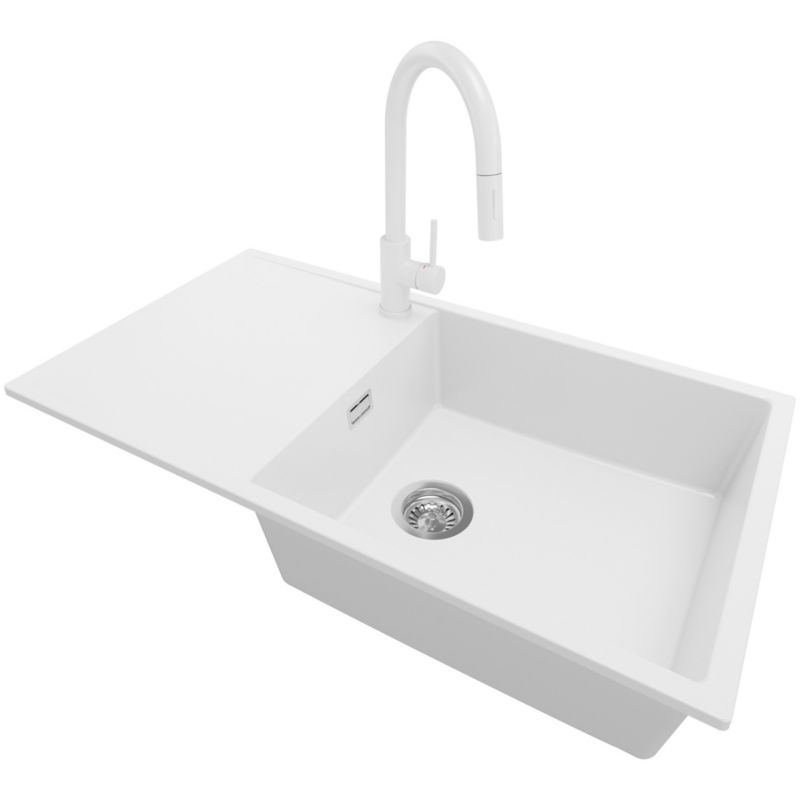 Zlewozmywak Granitowy Ibiza PRIMAGRAN Nablatowy 90x50cm do szafki od 60cm, Biały + Bateria 40x20cm + Syfon, S061, 1 szt.