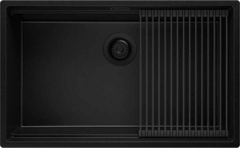 Zlewozmywak Praga Slim PRIMAGRAN Nablatowy 76x47cm do szafki od 80cm, Cały Czarny + Syfon + Zwijany ociekacz, S547, 1 szt.