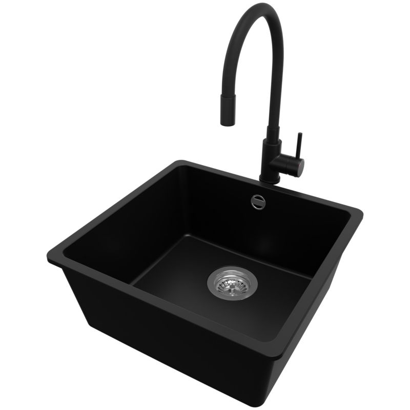 Zlewozmywak Granitowy Wenecja Slim Easy PRIMAGRAN Nablatowy 46x44cm do szafki od 50cm, Czarny + Bateria + Syfon, S053, 1 szt.