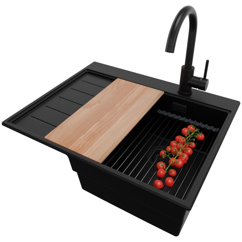 Zlewozmywak Granitowy Sydney PRIMAGRAN Nablatowy 62x50cm, Cały Czarny + Bateria + Syfon + Akcesorium, S042, 1 szt.