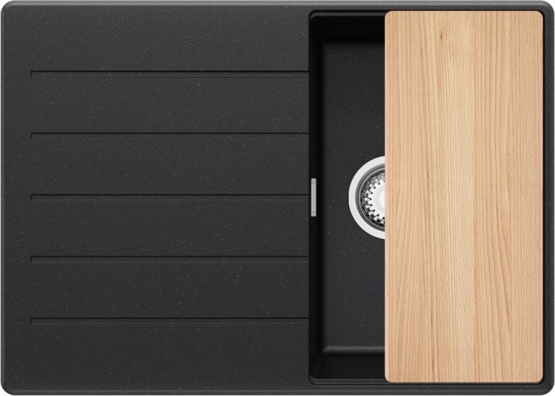 Zlewozmywak Kopenhaga PRIMAGRAN Nablatowy 70x50cm do szafki od 40cm, Czarny Metalik + Syfon + Deska, S154, 1 szt.