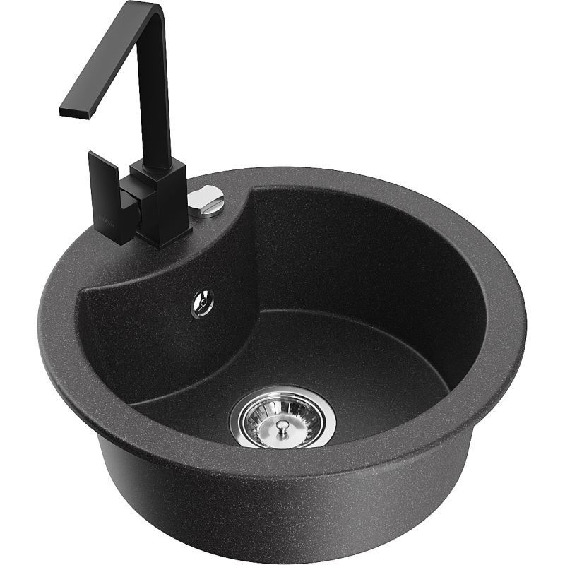 Zlewozmywak granitowy 1-komorowy Mexen Diego z baterią kuchenną Rita czarny nakrapiany - 6512-76-670300-76 1 szt.