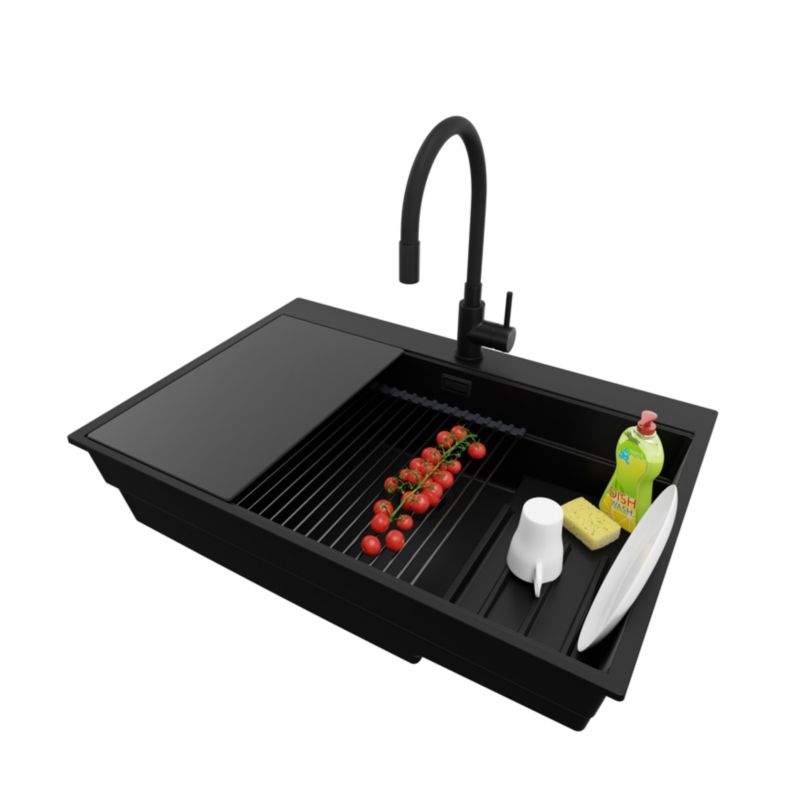 Zlewozmywak Granitowy Oslo Max PRIMAGRAN Nablatowy 78x53cm, Cały Czarny + Bateria + Syfon + Akcesorium, S120, 1 szt.