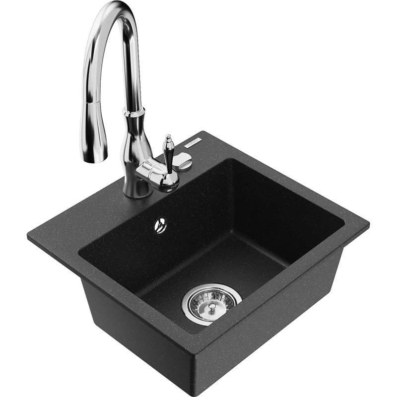 Zlewozmywak granitowy 1-komorowy Mexen Milo z baterią kuchenną Savita czarny/srebrny metalik - 6505-73-672601-70 1 szt.