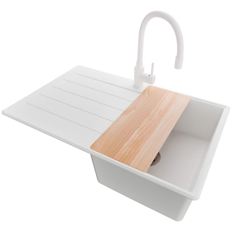 Zlewozmywak Granitowy Kopenhaga PRIMAGRAN Nablatowy 78x50cm do szafki od 45cm, Biały + Bateria + Syfon + Deska, S367, 1 szt.