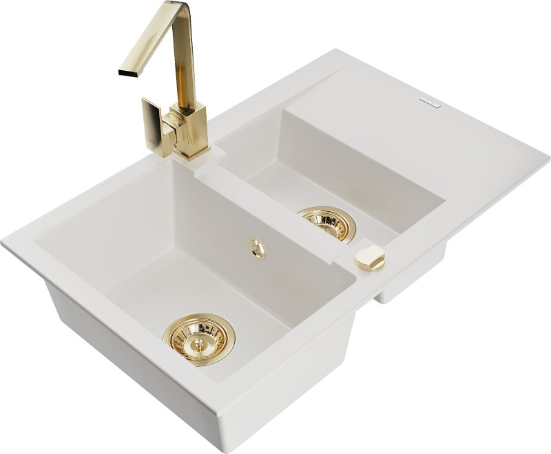 Zlewozmywak granitowy Mexen Gaspar 1,5-komorowy z ociekaczem i baterią kuchenną Savita beżowy - 6507-69-672601-70 1 szt.