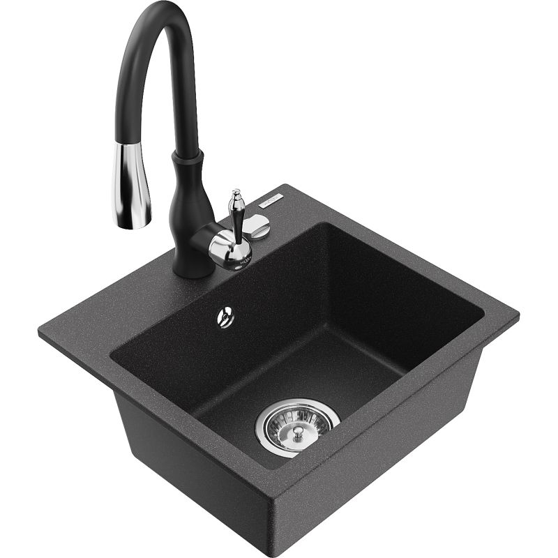 Zlewozmywak granitowy 1-komorowy Mexen Milo z baterią kuchenną Savita czarny nakrapiany 6505-76-672601-70