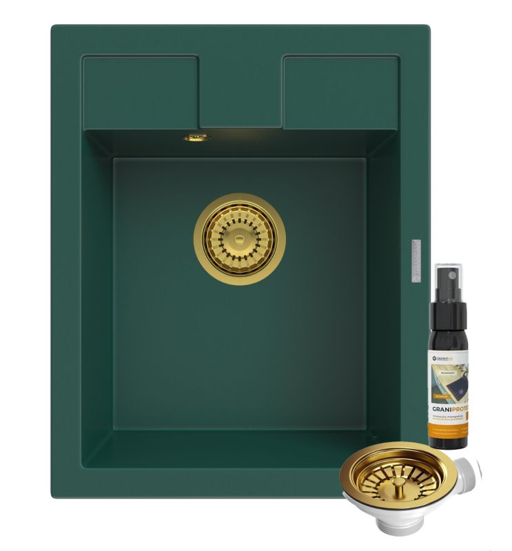 Zlewozmywak Granitowy Jednokomorowy Kuchenny Granitan Best Butelkowa Zieleń Syfon złoty 1 kpl.