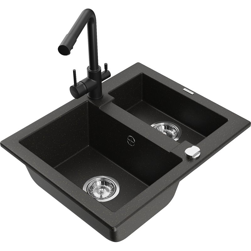 Zlewozmywak granitowy 1.5-komorowy Mexen Carlos z baterią kuchenną Duero czarny/złoty metalik 6518-75-671600-70