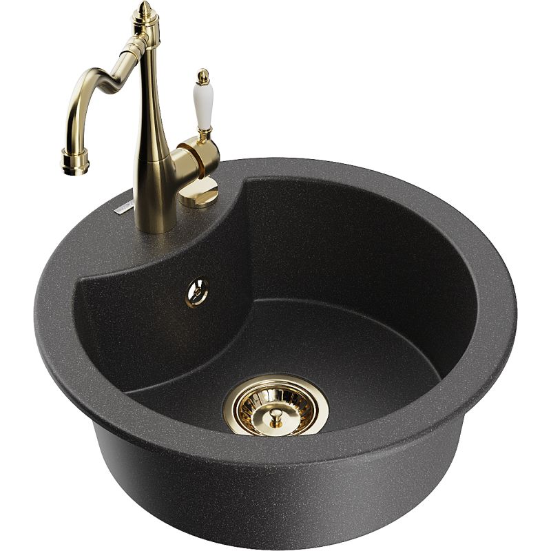 Zlewozmywak granitowy 1-komorowy Mexen Diego z baterią kuchenną Carla czarny nakrapiany - 6512-76-670700-00 1 szt.