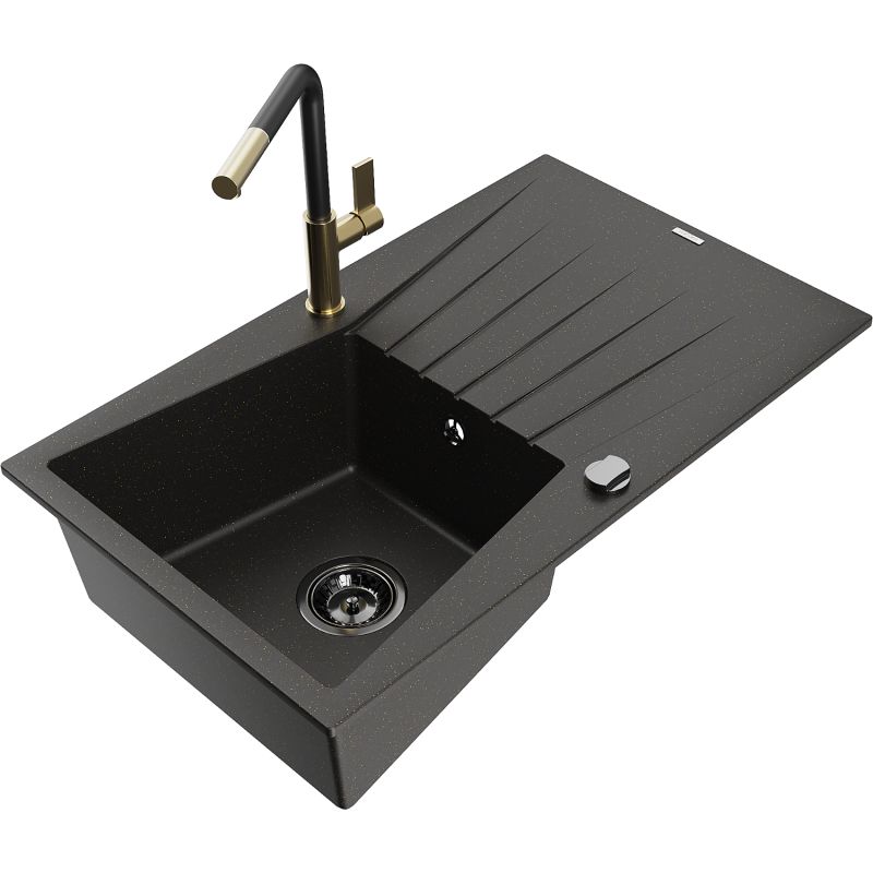 Zlewozmywak granitowy 1-komorowy Mexen Cesar z ociekaczem i baterią kuchenną Flora czarny/złoty metalik 6514-75-670401-57-B