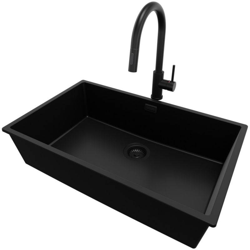 Zlewozmywak podblatowy Londyn PRIMAGRAN 76x47cm do szafki od 80cm, Cały Czarny + Bateria 40x20cm + Syfon, S496, 1 szt.