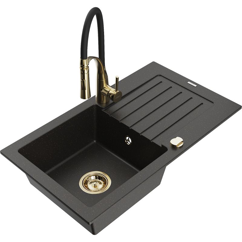 Zlewozmywak granitowy 1-komorowy Mexen Pablo z ociekaczem i baterią kuchenną Aster czarny/złoty metalik 6510-75-73450-57-G