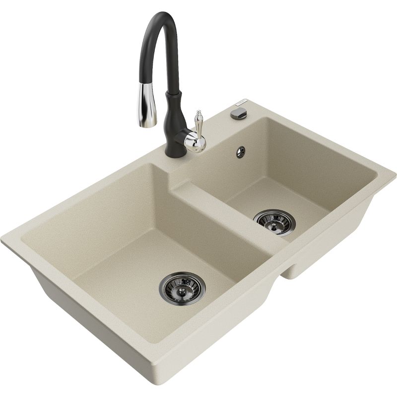 Zlewozmywak granitowy 2-komorowy Mexen Tomas z baterią kuchenną Savita czarny - 6516-77-672601-00 1 szt.