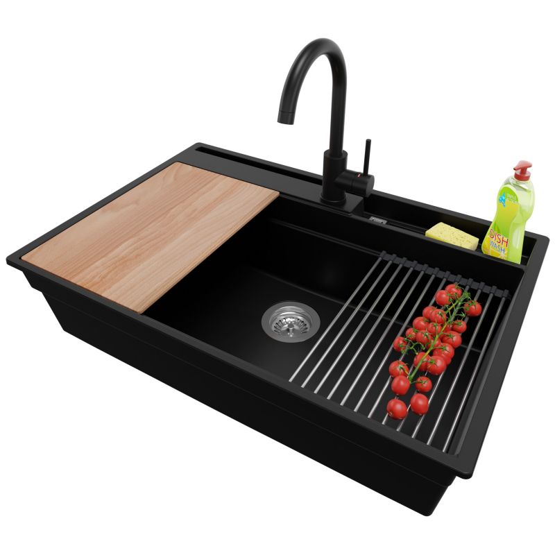 Zlewozmywak Granitowy Oslo Pocket PRIMAGRAN Nablatowy 78x53cm, Czarny + Bateria + Syfon + Akcesorium, S341, 1 szt.