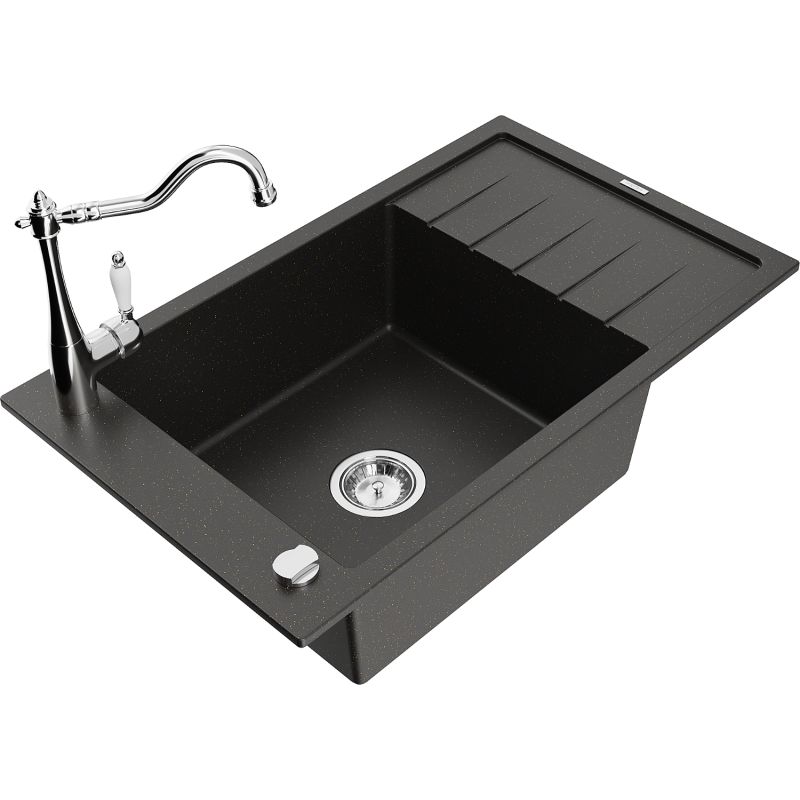 Zlewozmywak granitowy 1-komorowy Mexen Elias z ociekaczem i baterią kuchenną Carla czarny/złoty metalik 6511-75-670700-00