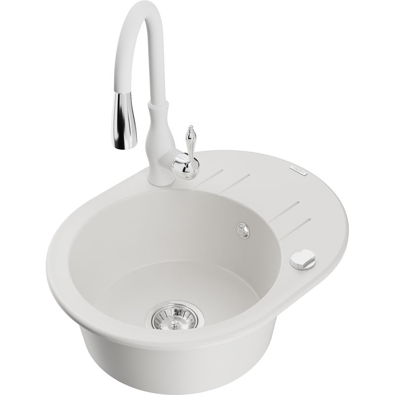 Zlewozmywak granitowy 1-komorowy Mexen Kevin z ociekaczem i baterią kuchenną Savita biały 6517-20-672601-20