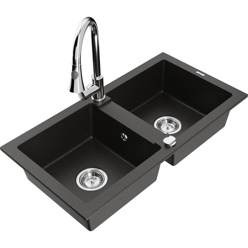 Zlewozmywak granitowy 2-komorowy Mexen Mario z baterią kuchenną Elia czarny/złoty metalik 6504-75-670101-00